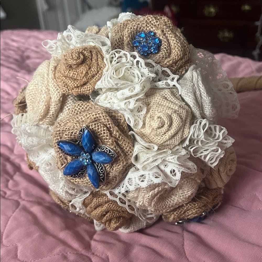 Handmade Burlap Lace Bouquet with beautiful Tussie- Mussie